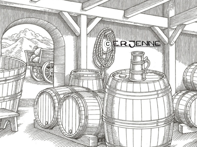 An illustration evoking a medieval brewery used as a background in Bayern Brewing  beverage labels and packaging.