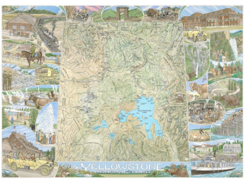 This Yellowstone National Park illustrated map focuses on the history of the area.  The map image is surrounded by depictions of the wildlife, landscape features, visitors and historic structures of the Park.  A high quality print is available.