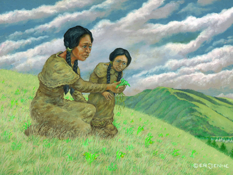 A mother and daughter forage for edible plants.